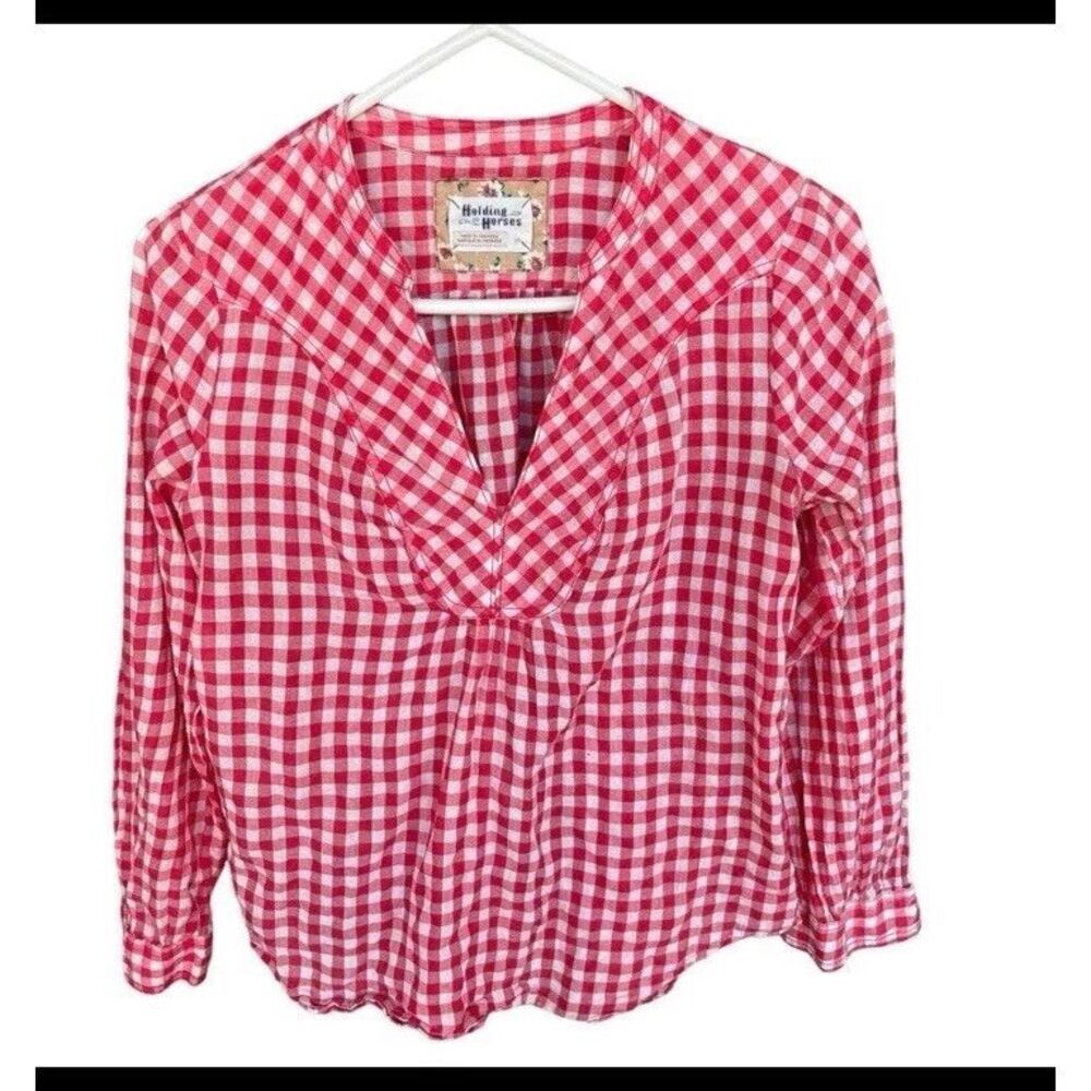 Anthropologie Holding Horses Top Blouse Size 2 Red White Gingham Popover Devon